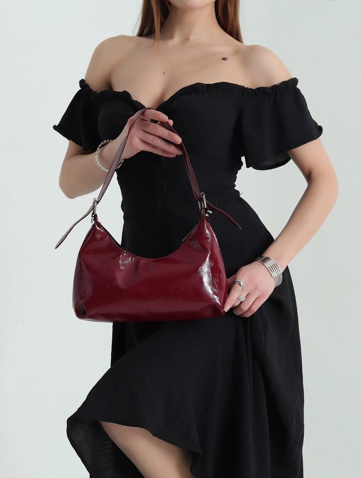 Bordo Kırışık Rugan El ve Kol Çantası - Görsel 2