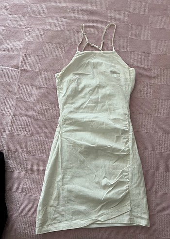 Bershka BERSHKA Beyaz Keten Midi İnce Askılı Elbise