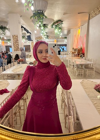 40 Beden Pembe İşlemeli Uzun Abiye Elbise