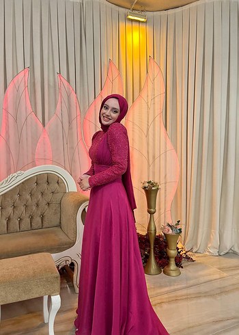 Abiye Pembe İşlemeli Uzun Abiye Elbise