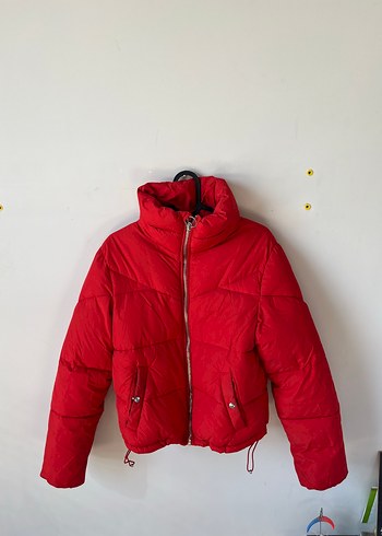 Kırmızı Fermuarlı Kadın Kışlık Şişme Mont