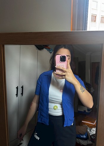 s Beden Mavi Denim Kadın Kısa Kollu Gömlek