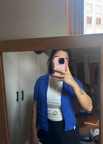 Bershka Mavi Denim Kadın Kısa Kollu Gömlek