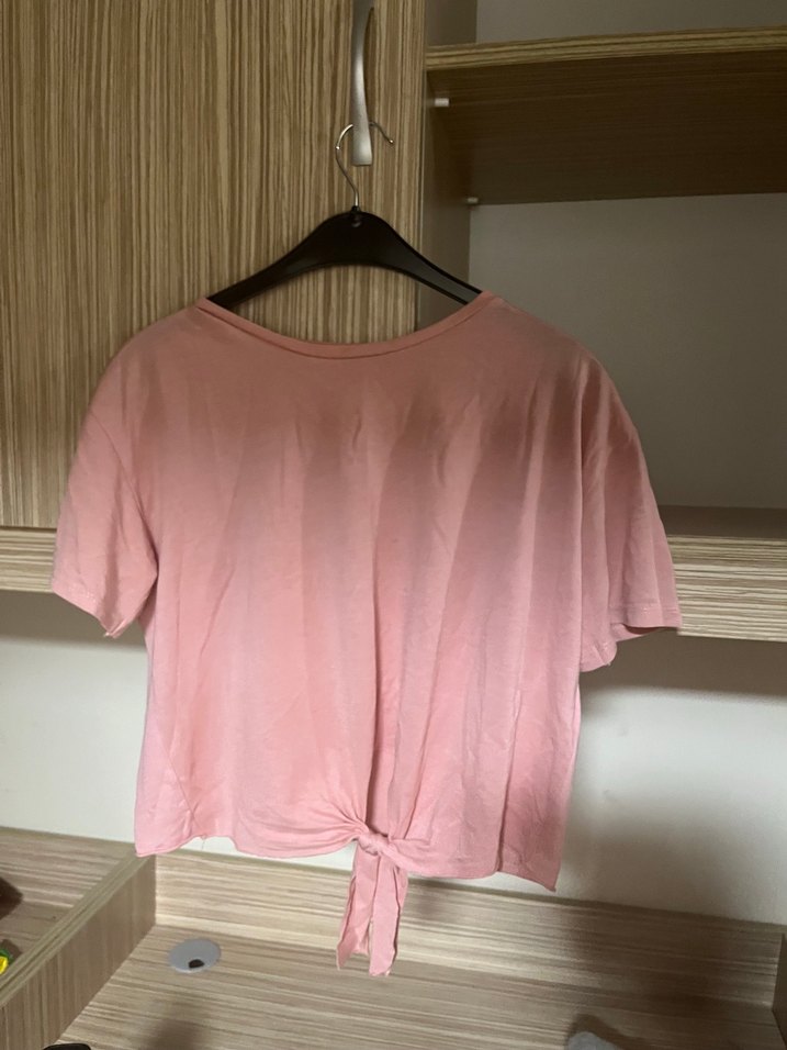 Pembe Kısa Kollu Bağlamalı Mini Tişört - Görsel 2