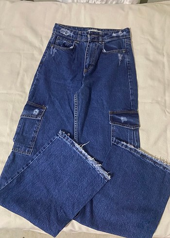 Diğer Lacivert Kemerli Rahat Kesim Kadın Denim Pantolon