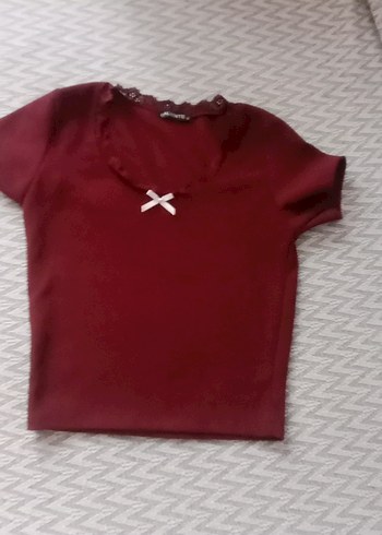 Bordo Kız Çocuk Dantelli Kısa Kollu Tişört - Görsel 4