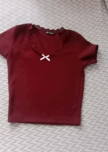 Bordo Kız Çocuk Dantelli Kısa Kollu Tişört - Görsel 3