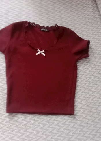 Bordo Kız Çocuk Dantelli Kısa Kollu Tişört - Görsel 6