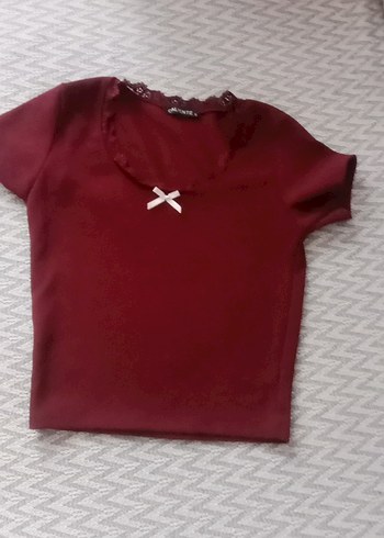 Bordo Kız Çocuk Dantelli Kısa Kollu Tişört - Görsel 2