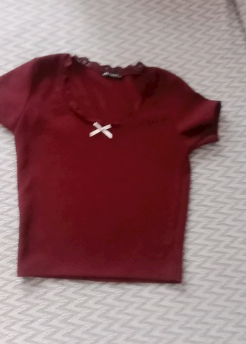 Bordo Kız Çocuk Dantelli Kısa Kollu Tişört - Görsel 5