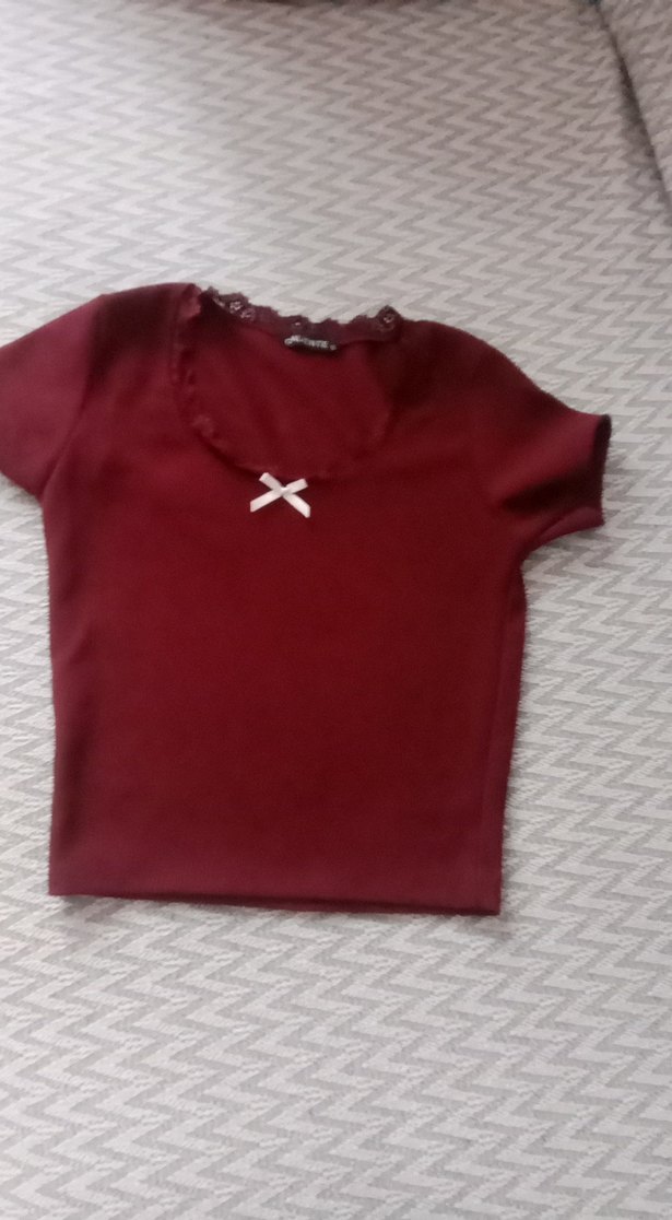 Bordo Kız Çocuk Dantelli Kısa Kollu Tişört - Görsel 3