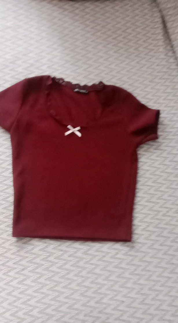 Bordo Kız Çocuk Dantelli Kısa Kollu Tişört - Görsel 5