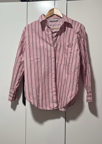 Pembe Çizgili Uzun Kollu Kadın Gömlek Oversize