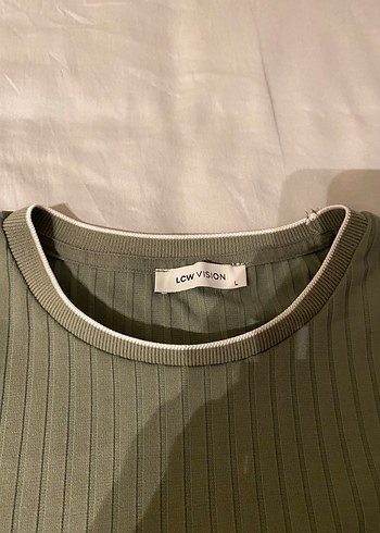 Haki Fitilli Kontrast Biyeli Tişört  L Beden - Görsel 3