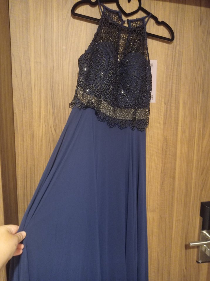 Dantel Detaylı Lacivert Uzun Abiye Elbise - Görsel 3