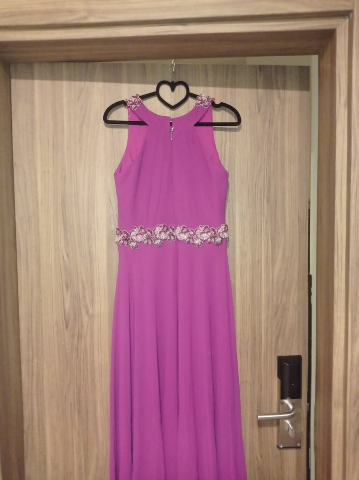 Mor Uzun Abiye Elbise İşlemeli Bel Detaylı - Görsel 2