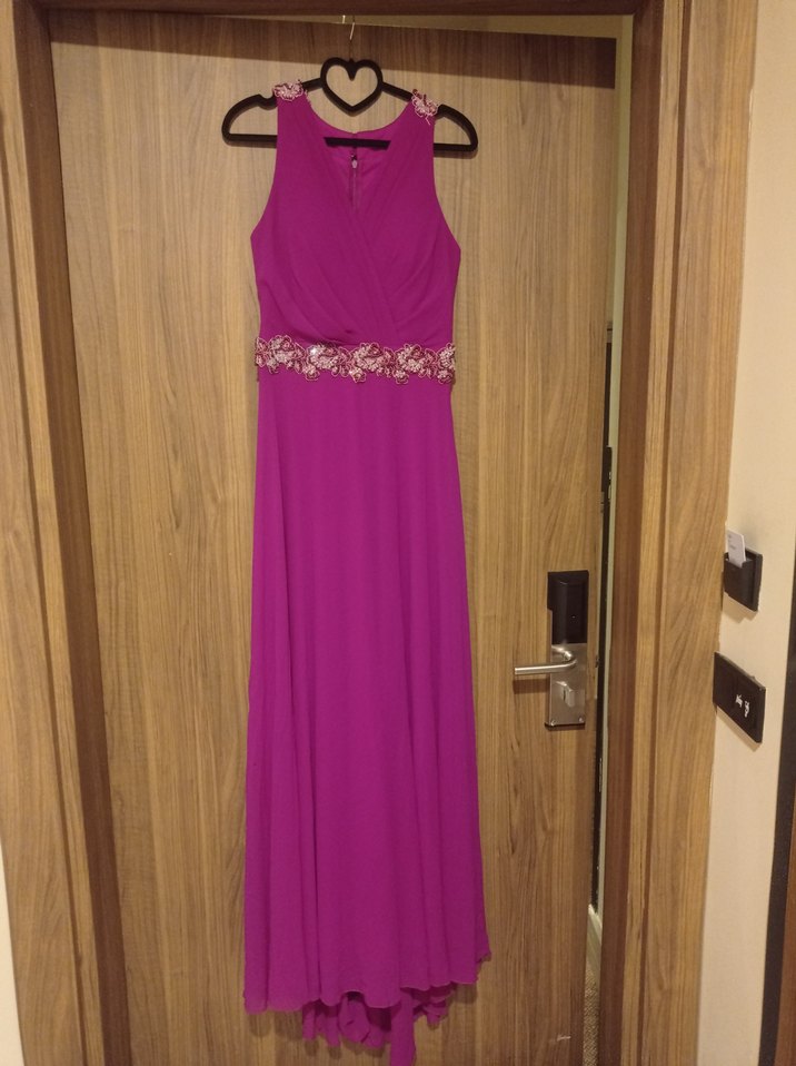 Mor Uzun Abiye Elbise İşlemeli Bel Detaylı - Görsel 4