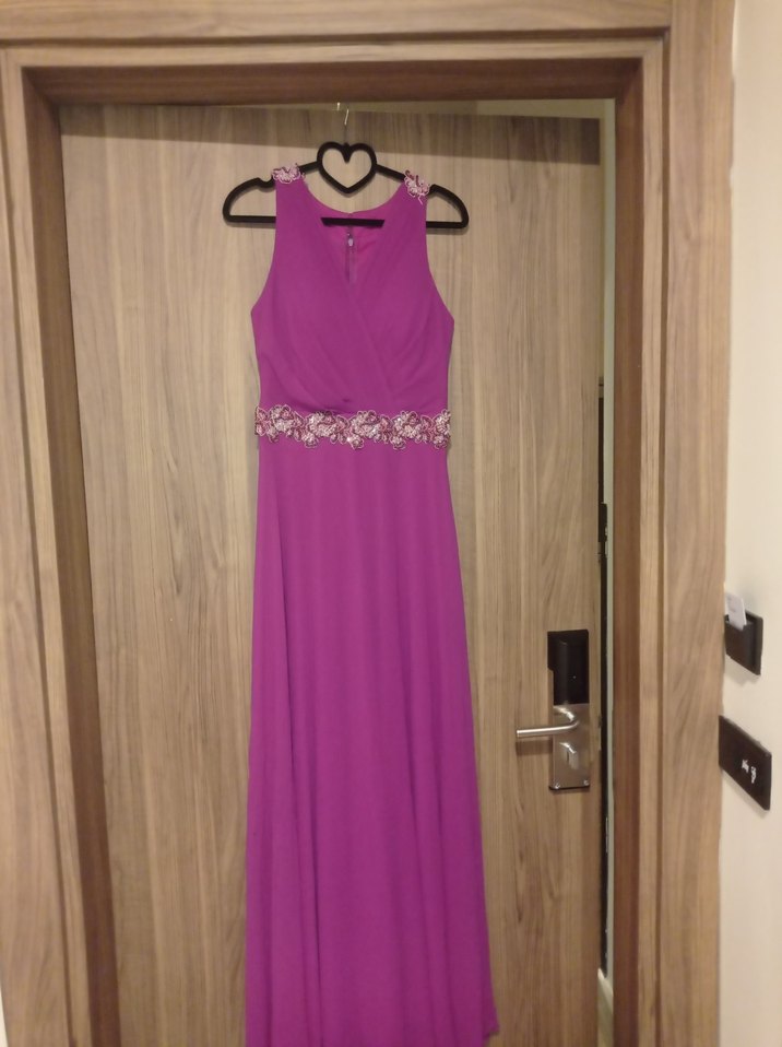 Mor Uzun Abiye Elbise İşlemeli Bel Detaylı - Görsel 3