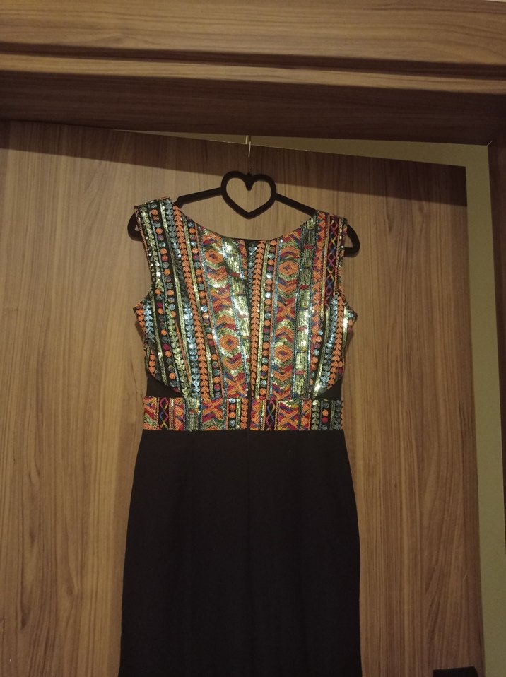 Desenli, V Yakalı, Kemerli Uzun Bohem Elbise - Görsel 2