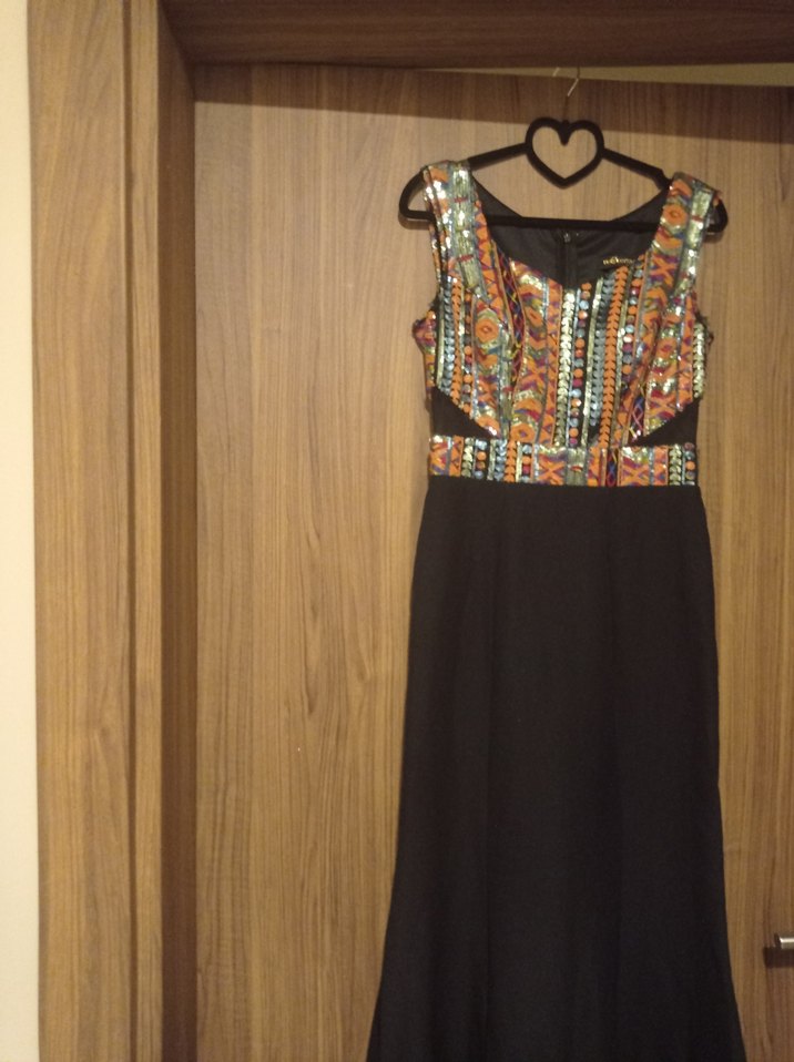 Desenli, V Yakalı, Kemerli Uzun Bohem Elbise - Görsel 3