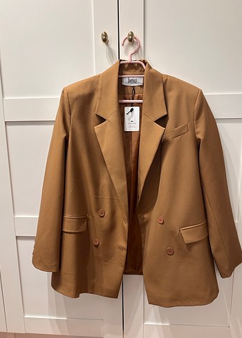 m Beden Düğmeli Kahverengi Deri Kadın Blazer