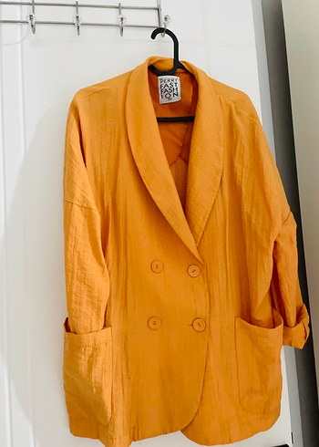 Diğer Sarı Düğmeli Kadın Keten Midi Blazer