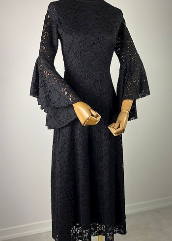 Dantel Detaylı Siyah İspanyol kol elbise - Görsel 6