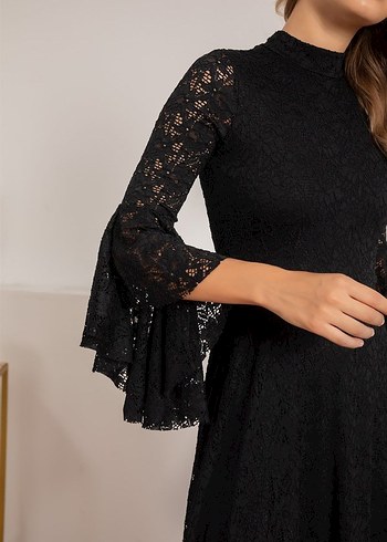 Dantel Detaylı Siyah İspanyol kol elbise - Görsel 4
