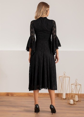 Dantel Detaylı Siyah İspanyol kol elbise - Görsel 5