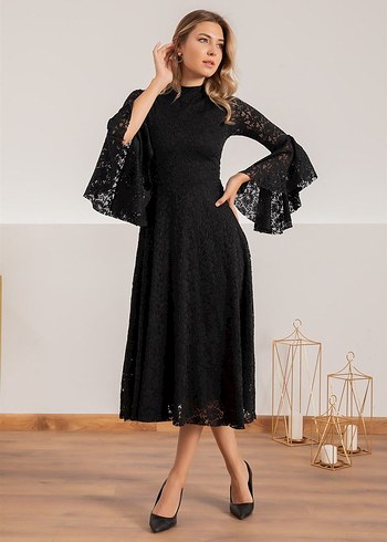 Dantel Detaylı Siyah İspanyol kol elbise - Görsel 2
