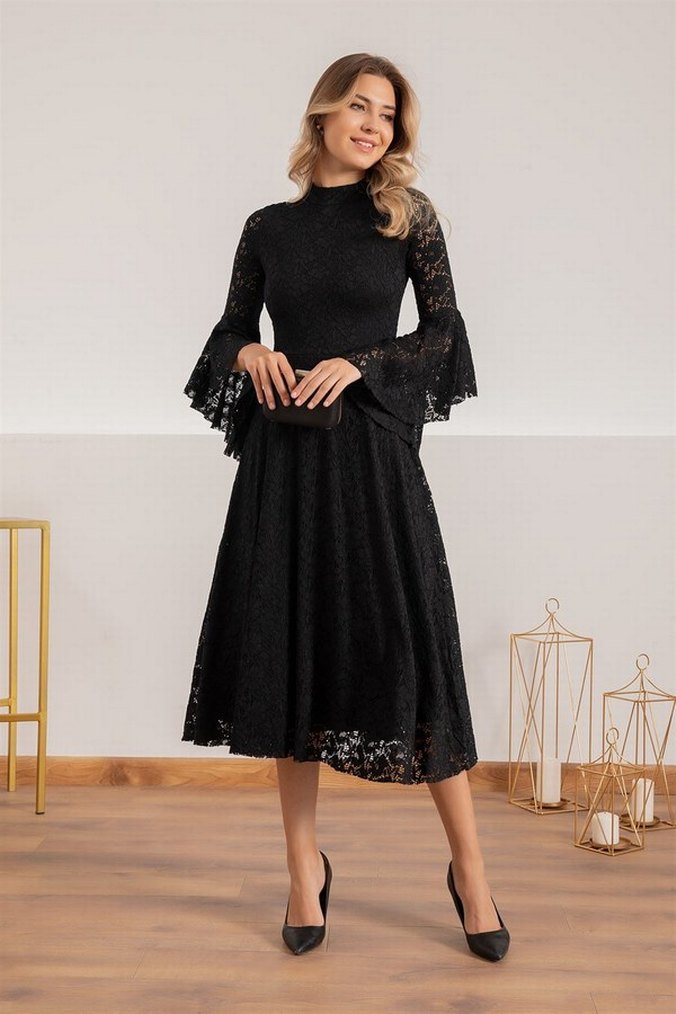 Dantel Detaylı Siyah İspanyol kol elbise - Görsel 3