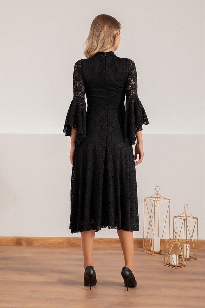 Dantel Detaylı Siyah İspanyol kol elbise - Görsel 5