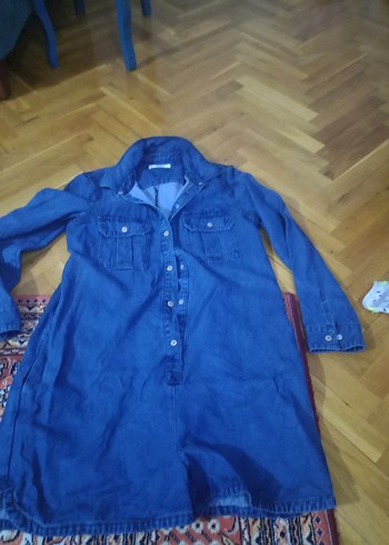 Düğmeli Koyu Mavi Kısa Denim tulum - Görsel 2