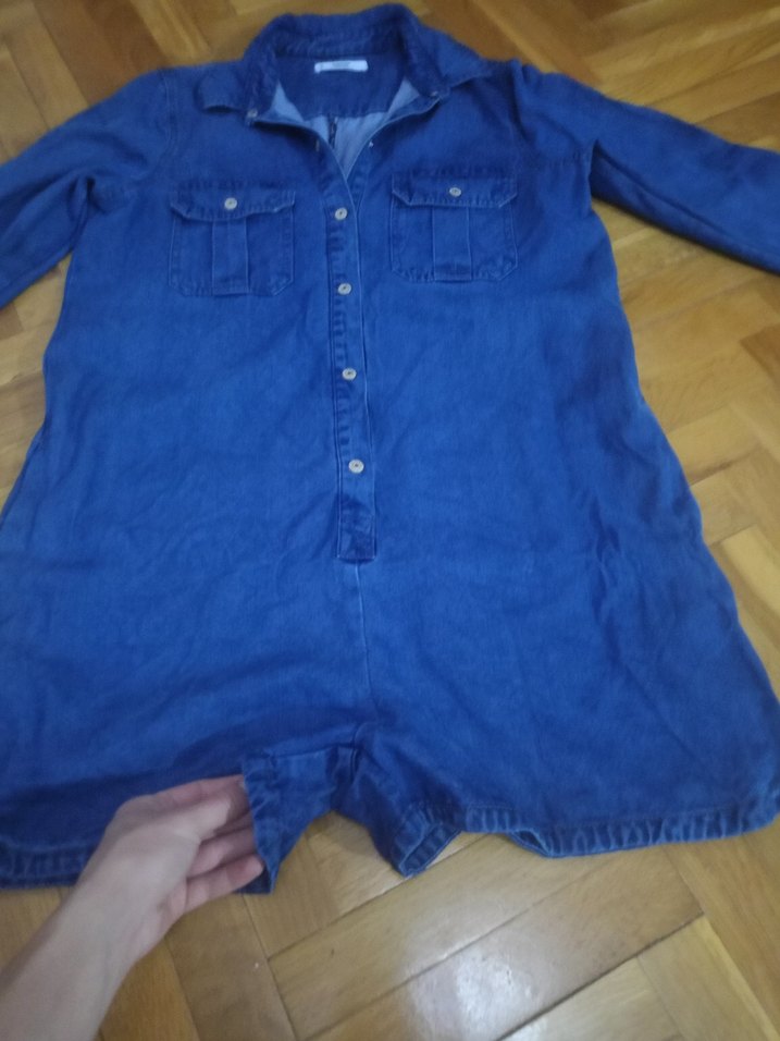 Düğmeli Koyu Mavi Kısa Denim tulum - Görsel 4