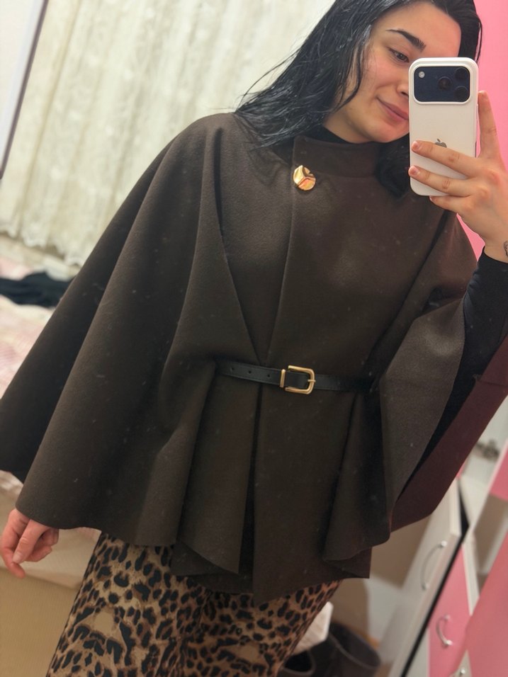 Kahverengi Kemerli Kadın Panço - Görsel 2