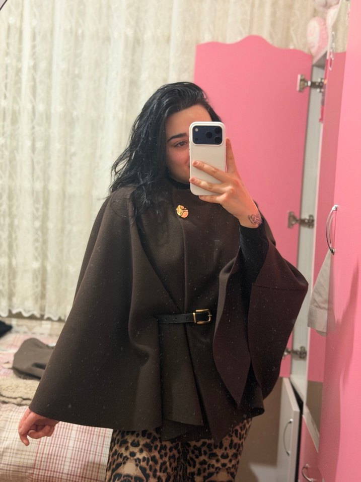 Kahverengi Kemerli Kadın Panço - Görsel 3