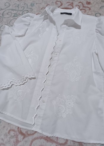 s Beden Dantel Detaylı Beyaz Nakışlı Pamuklu Kadın Gömlek