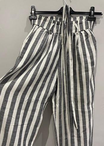 Gri Çizgili Kadın Keten Pantolon - Görsel 2