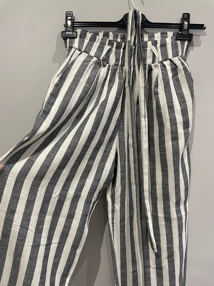 Gri Çizgili Kadın Keten Pantolon - Görsel 2