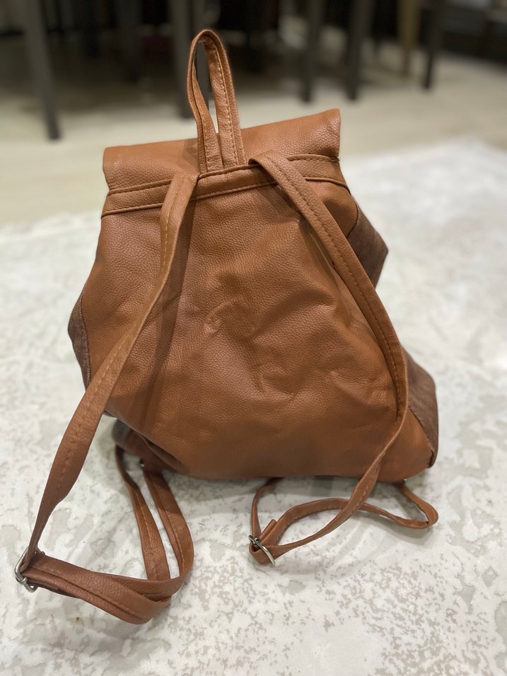 Nakışlı Kahverengi Deri Bohem Sırt Çantası - Görsel 2