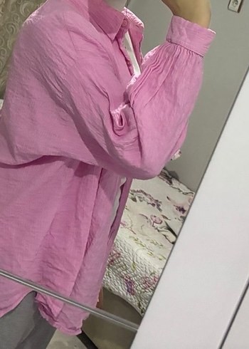 Pembe Keten Salaş Bohem Gömlek - Görsel 3