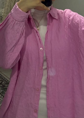 Pembe Keten Salaş Bohem Gömlek - Görsel 2