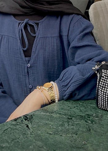 Düğmeli Mavi Nakışlı Kadın Bileklik - Görsel 2