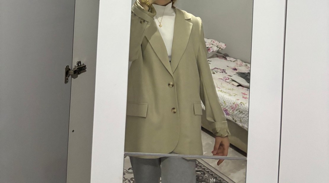 Bej Düğmeli Midi Kadın Blazer Ceket - Görsel 3