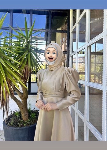 Bej Drapeli Uzun Kollu Uzun Elbise - Görsel 2