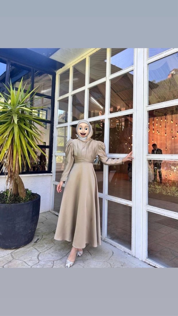 Bej Drapeli Uzun Kollu Uzun Elbise - Görsel 3