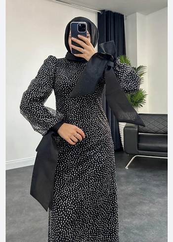 Uzun, Puantiyeli Siyah Drapeli Abiye Elbise - Görsel 3