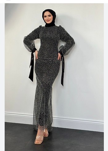 Uzun, Puantiyeli Siyah Drapeli Abiye Elbise - Görsel 2
