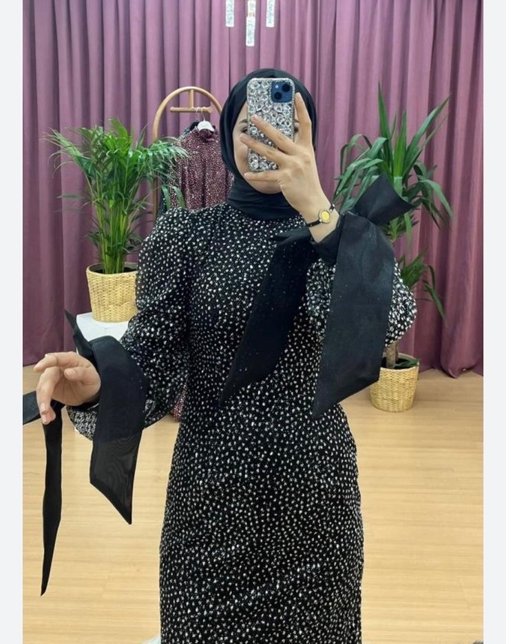 Uzun, Puantiyeli Siyah Drapeli Abiye Elbise - Görsel 4