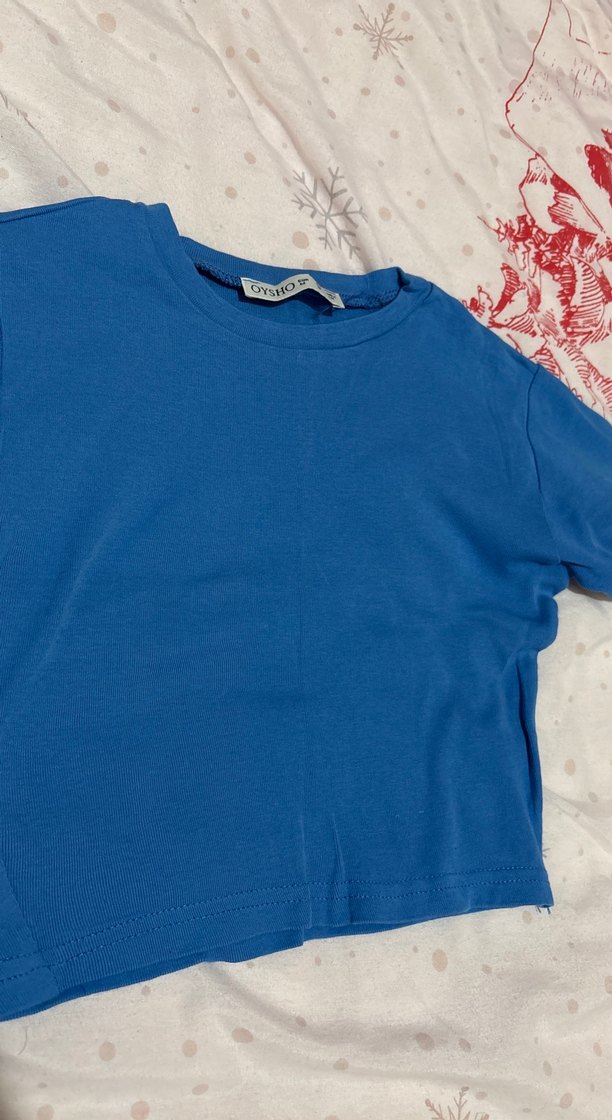 Mavi Kısa Kollu Crop Tişört - Görsel 3